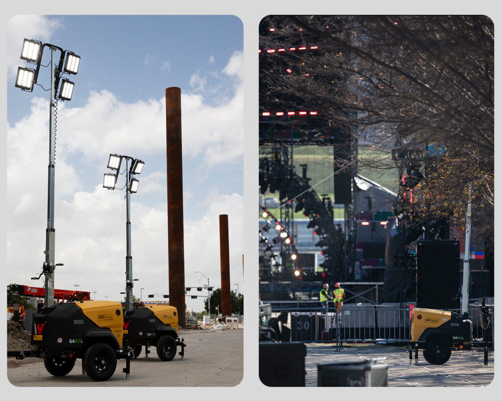 Two portable lighting solutions, engine-driven light towers and electric LED light towers, are shown in use at a jobsite and at an outdoor concert.