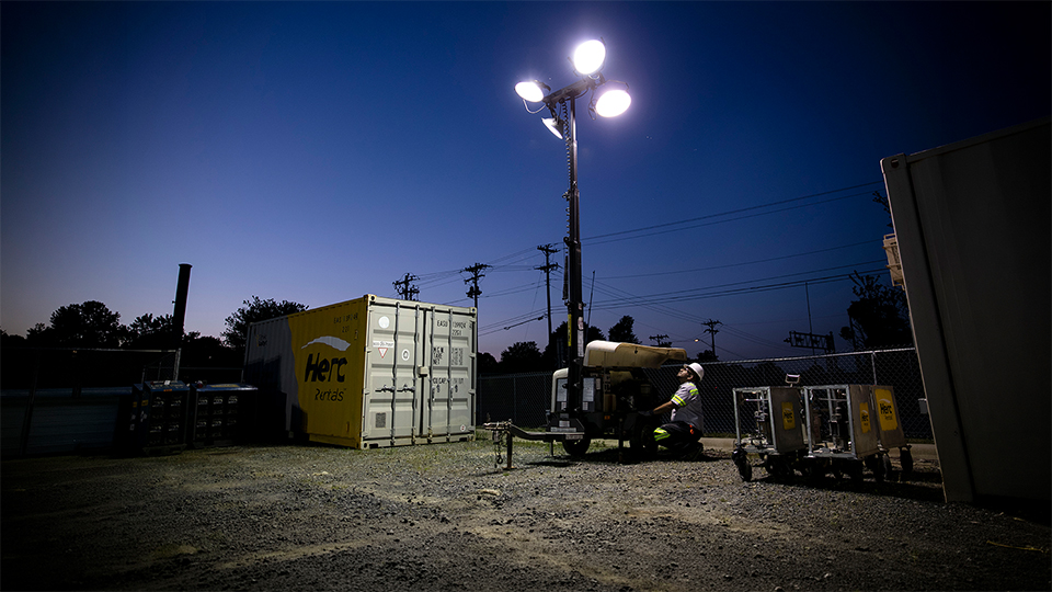 A light cart is a great portable lighting solution for a jobsite at night.