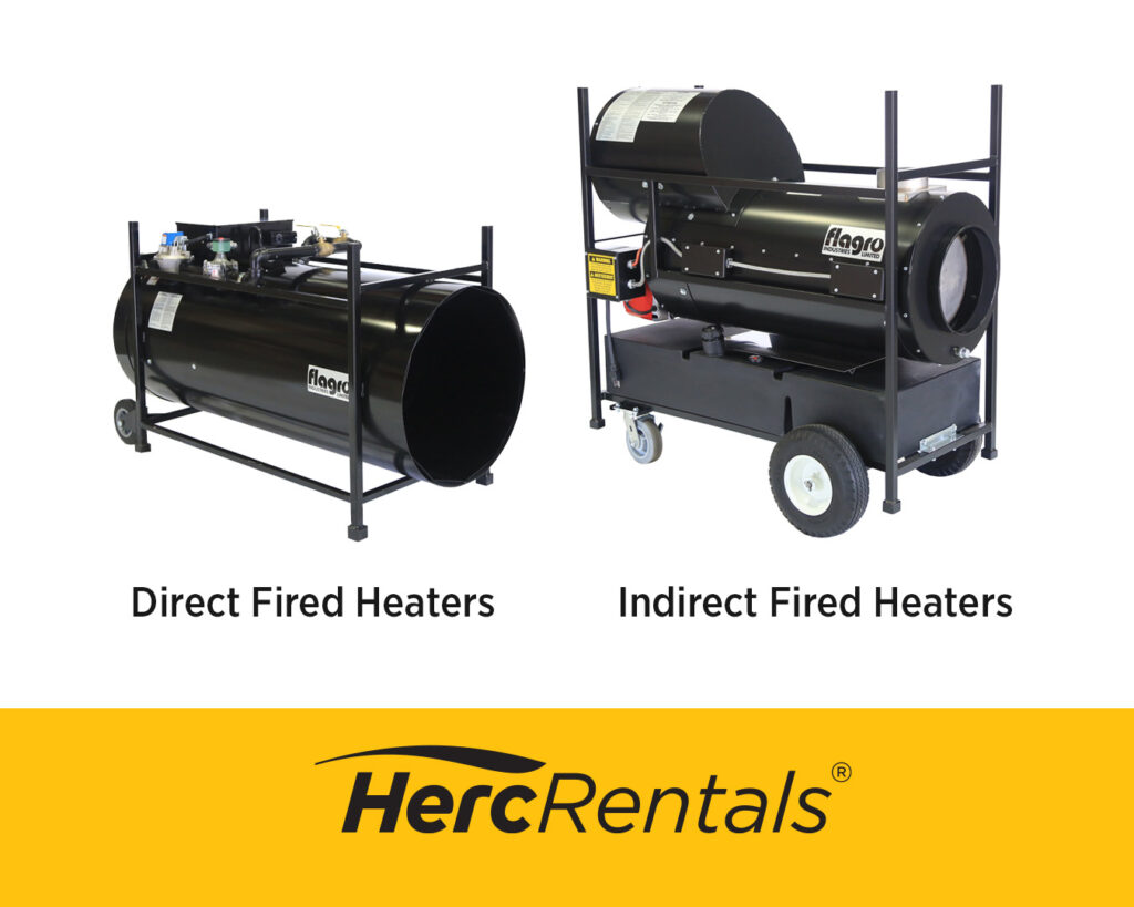 Direct fired heaters and indirect fired heaters help keep workers and materials safe. Each option is pictured in an infographic. 