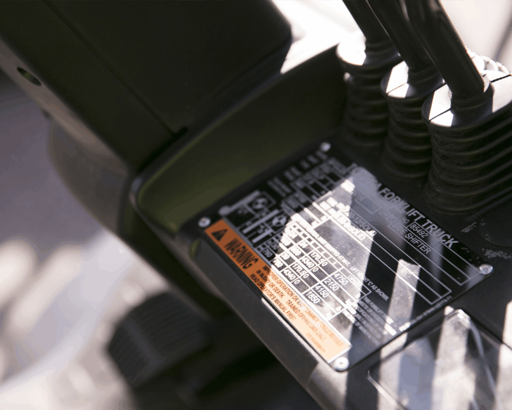 The data plate, pictured here, details each forklift's load capacity. 