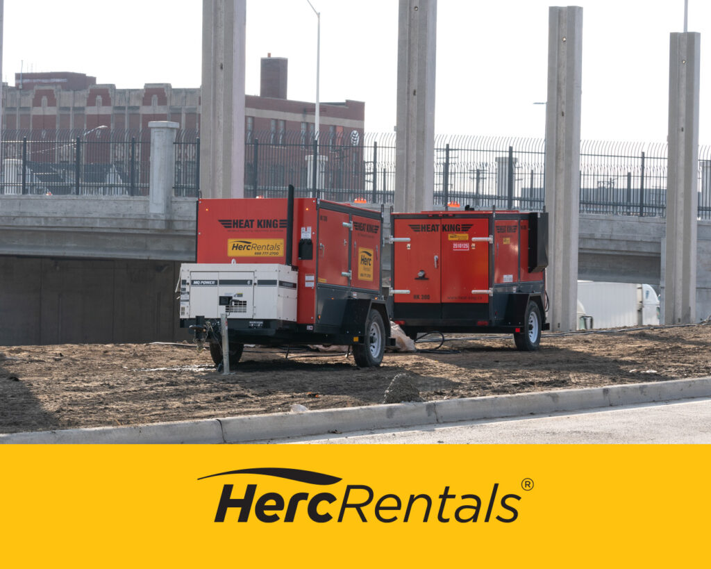 A temporary heater is stationed on a jobsite to help protect people and equipment from winter's cold. 