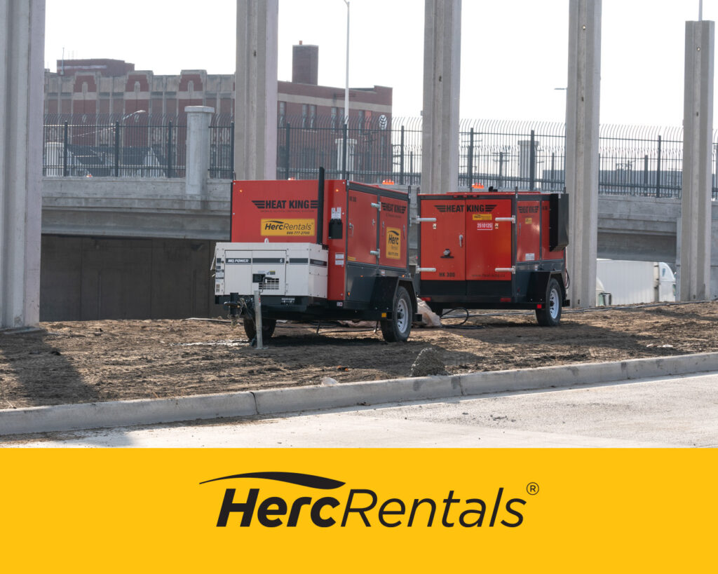 A heater is pictured on a construction site, helping to overcome the challenges of working in the winter.