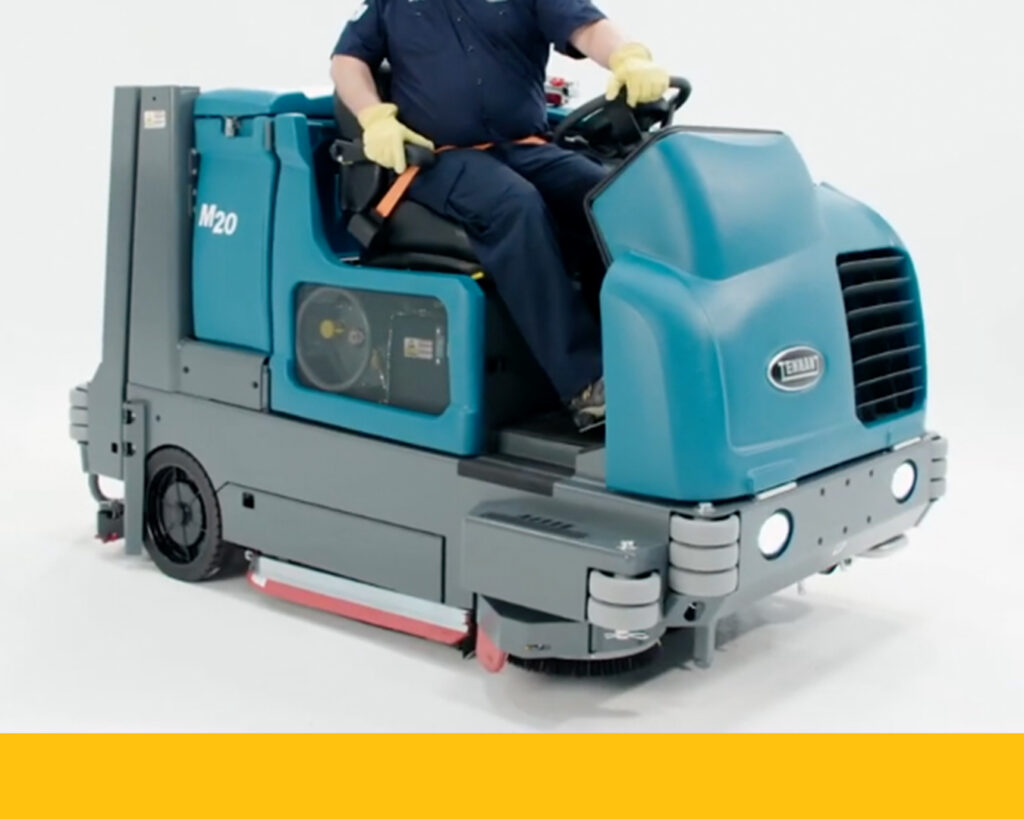 A ride-on floor sweeper is pictured as key equipment to keep clean floors. 
