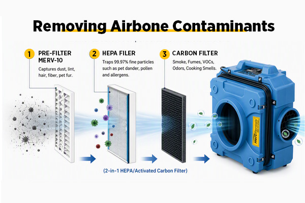 If you're wondering how to use an air scrubber, you first need to know how it works. An infographic shows all the layers of filtration involved with an air scrubber.