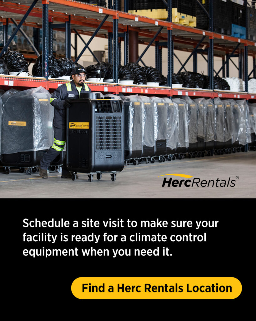 Before renting a spot cooler, an equipment rental provider like Herc Rentals can ensure your AC outlet plug  is compatible with the outlets in your facility. Contact Herc Rentals at HercRentals.com. 