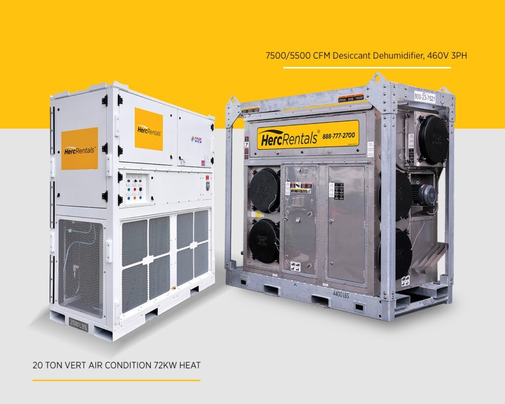 An air conditioner and a desiccant dehumidifier are pictured side-by-side to show the differences and similarities between the two.