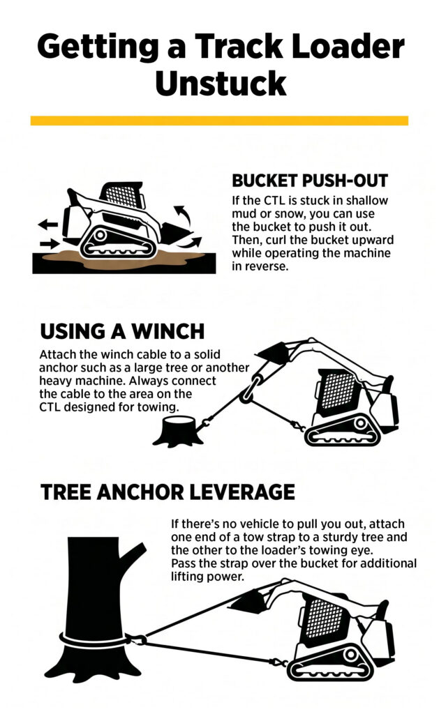If a track loader is stuck, you can use the bucket push-out method, use a winch or anchor to a tree for leverage.