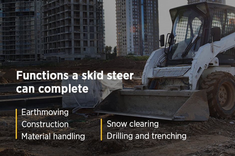 Functions a skid steer can complete include earthmoving, construction, material handling and more.