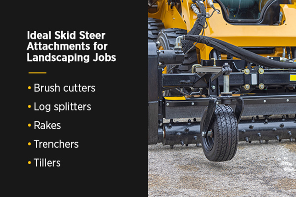 Ideal skid steer attachments for landscaping jobs include brush cutters, log splitters, rakes, trenchers and tillers.