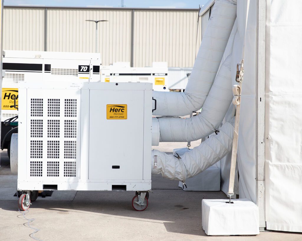 A portable air conditioner ensures climate control at a facility
