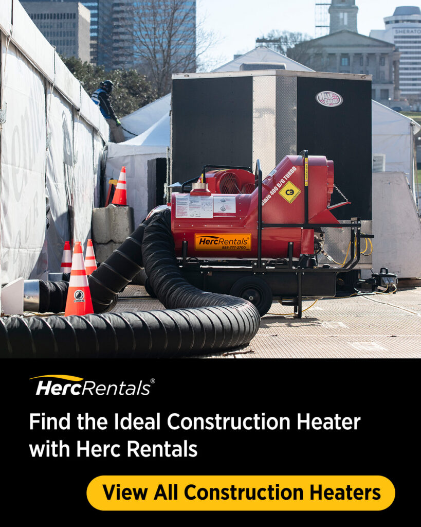 A Herc Rentals indirect fired heater positioned outside a jobsite is shown in a graphic that encourages viewers to contact Herc Rentals for any climate control needs. 