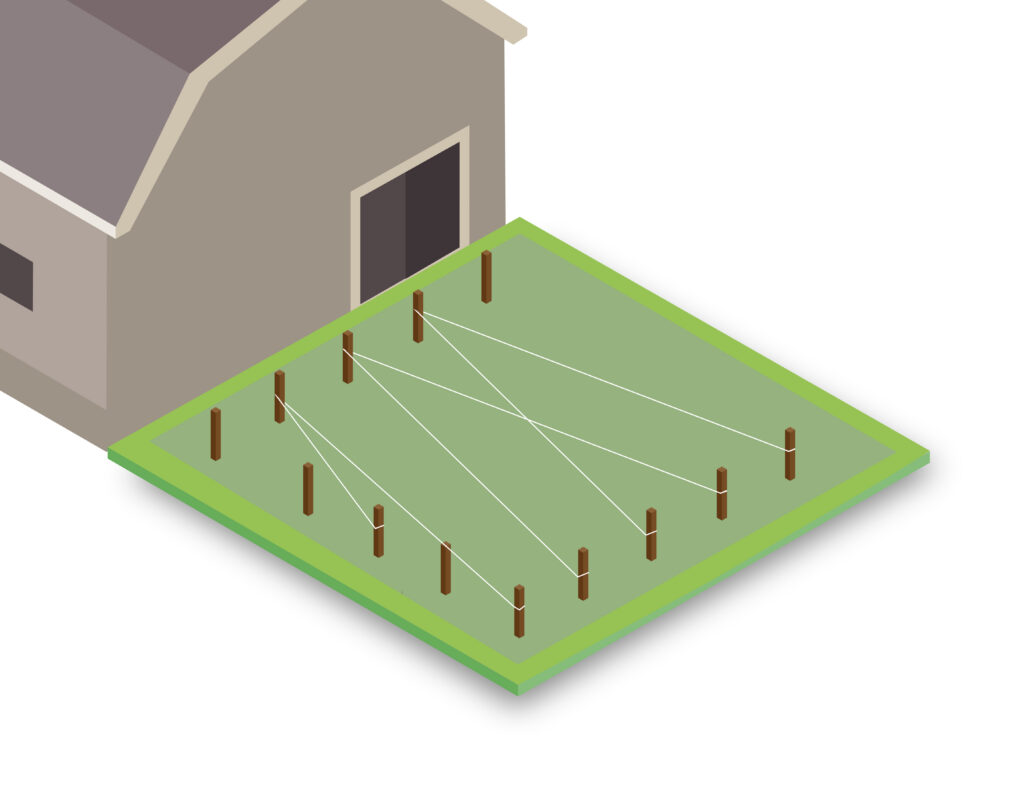 When preparing ground for concrete, you need to mark the area where the slab will be with stakes and strings, as pictured in an illustration.