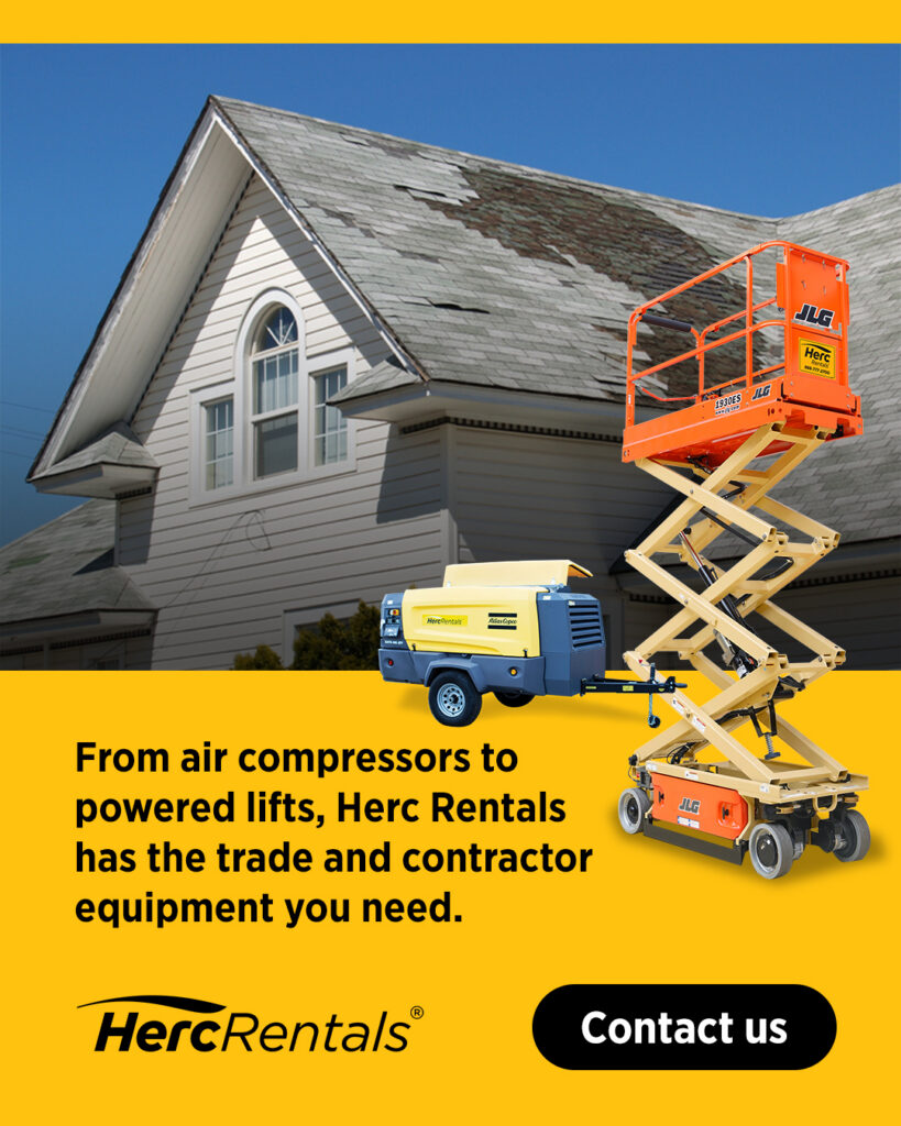 When assessing roof damage, Herc Rentals has the air compressors, aerial equipment and other tools you need.