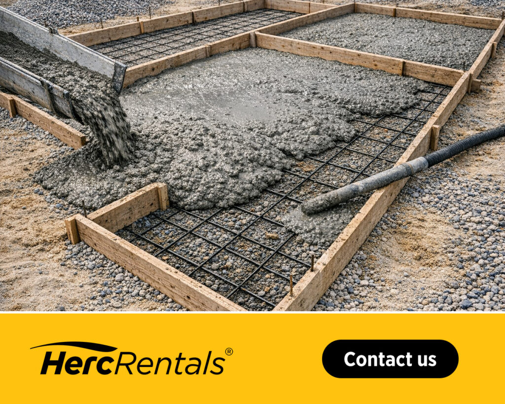 Concrete is poured into a framework. When preparing ground for concrete, contact Herc Rentals at www.HercRentals.com.