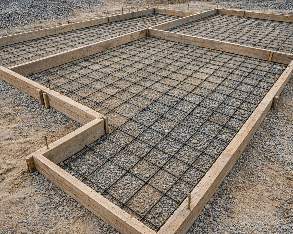 A concrete framework is pictured with rebar on the bottom and wood planks on the sides as the border for concrete.