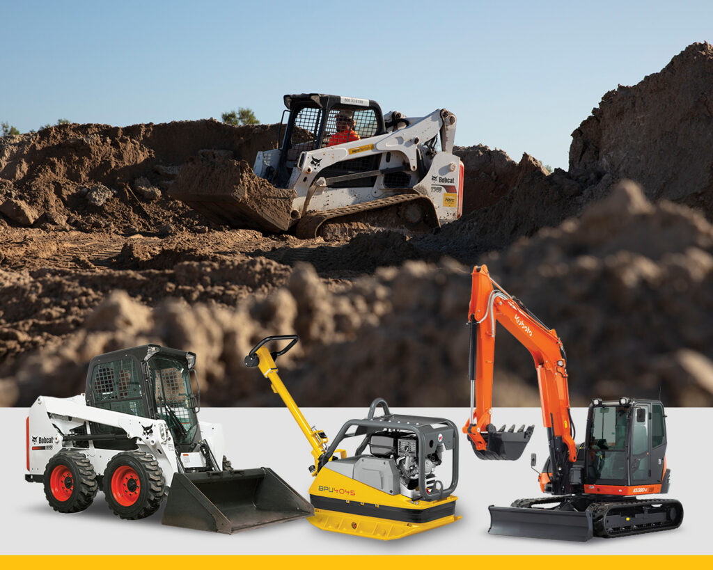 Preparing ground for concrete requires small and large equipment alike, including carpentry level, earthmoving equipment, compactors and more. A skid steer is pictured moving dirt on a jobsite.
