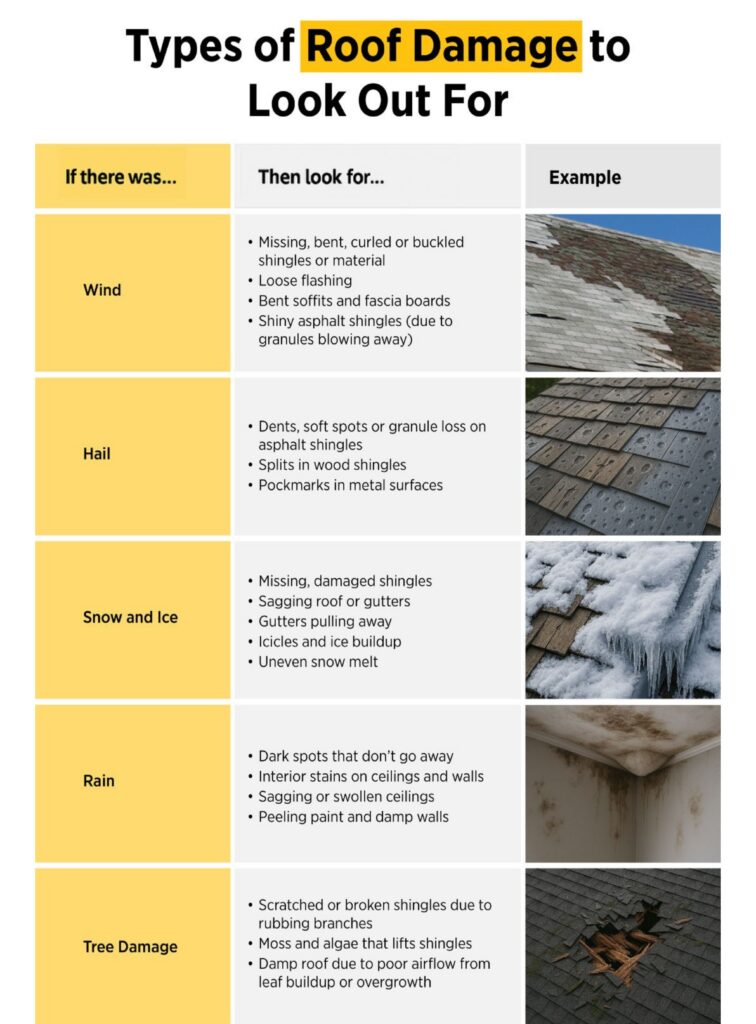 An infographic spells out which types of roof damage to look for based on the corresponding environmental event.