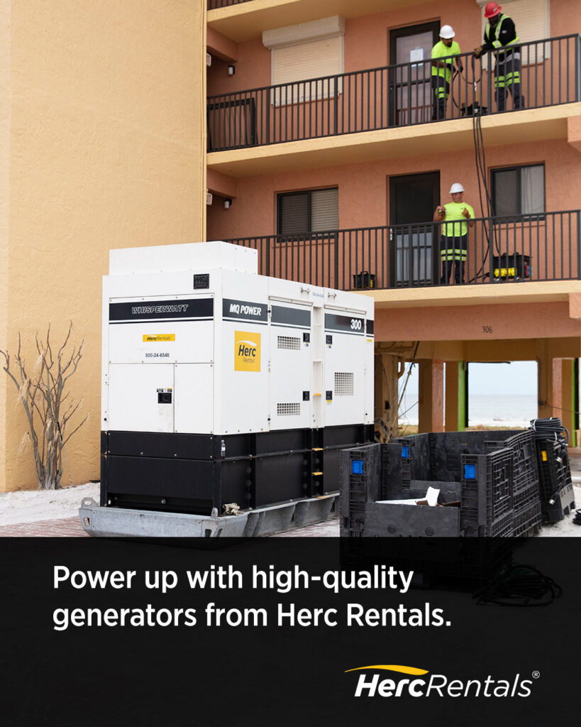 Herc Rentals' power generation experts can help you choose between skid mounted vs. towable generators for your use case. A generator is pictured outside of a building of condominiums. 