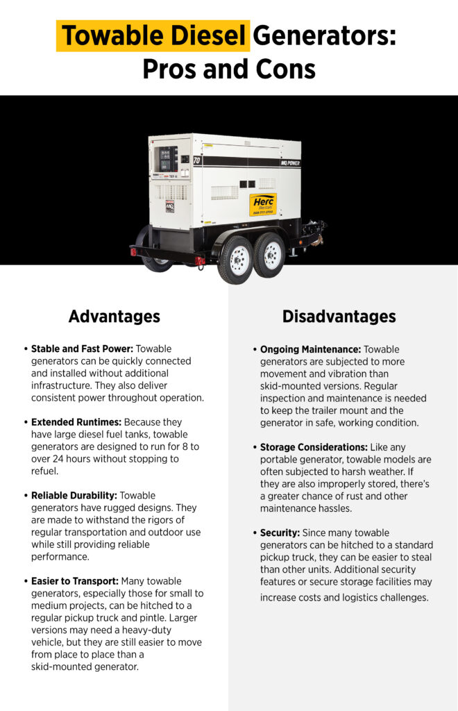 An infographic spells out the pros and cons of towable diesel generators so you can better choose between skid mounted vs. towable generators. 