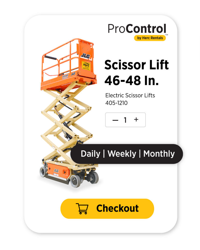 Equipment rental software that aids customers allows for easy online booking and checkout, such as ProControl by Herc Rentals, pictured here.