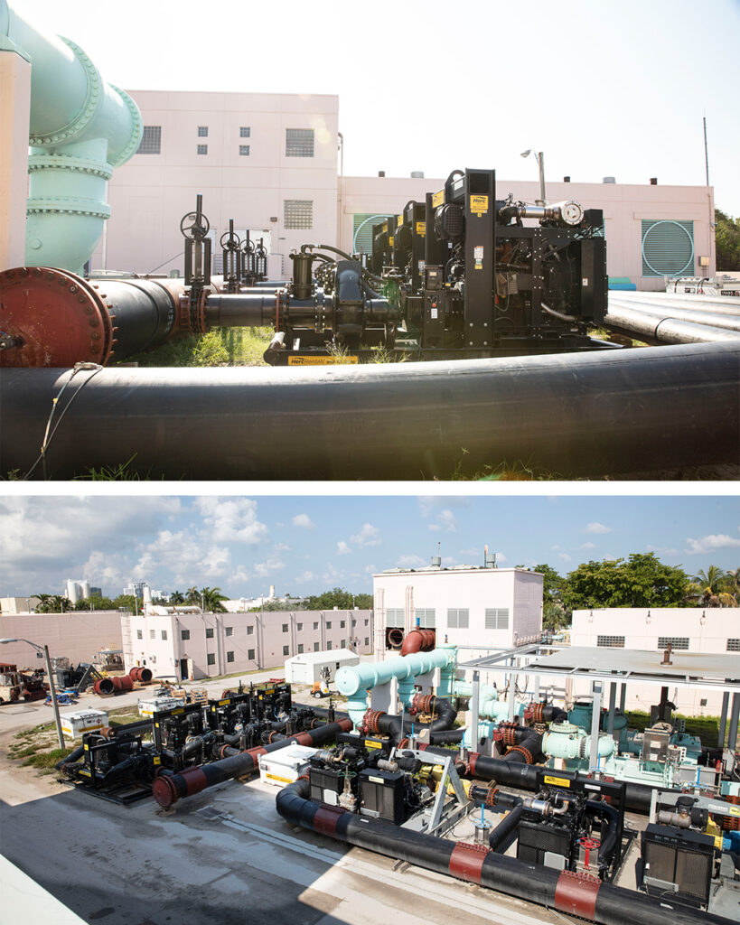 A sewage overflow system with equipment from Herc Rentals is pictured. 