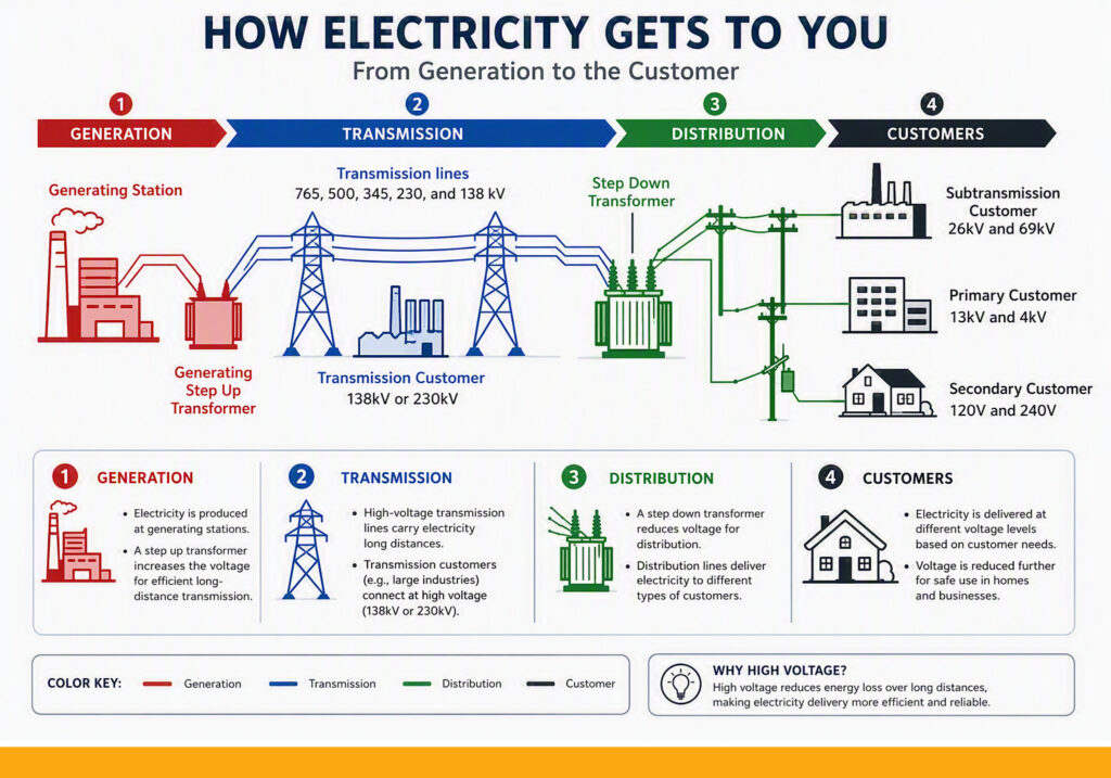 When examining energy infrastructure, you must also understand how energy is generated, transmitted, distributed and consumed. An infographic depicts the process.