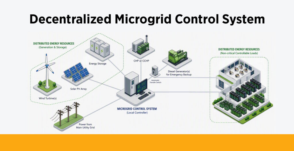 One type of energy infrastructure is a decentralized microgrid control system, pictured here in an infographic. 