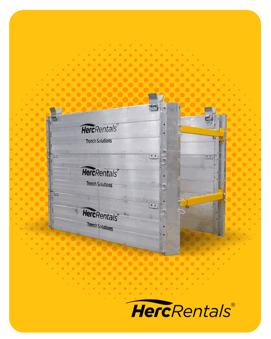 A GIF shows different types of equipment needed during water infrastructure construction, such as power generators, light towers, excavators and more.