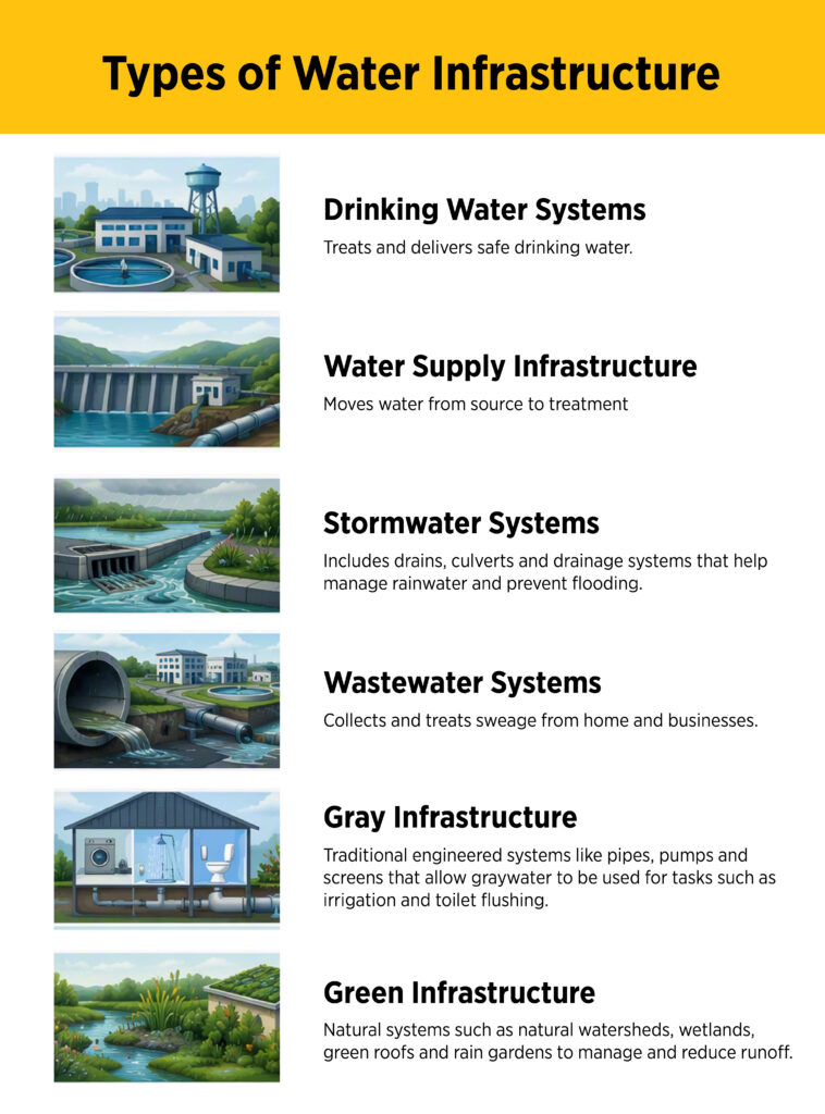 Water infrastructure construction can be broken down into categories. An infographic depicts and describes drinking water systems, water supply infrastructure,  stormwater systems, wastewater systems, gray infrastructure and green infrastructure.