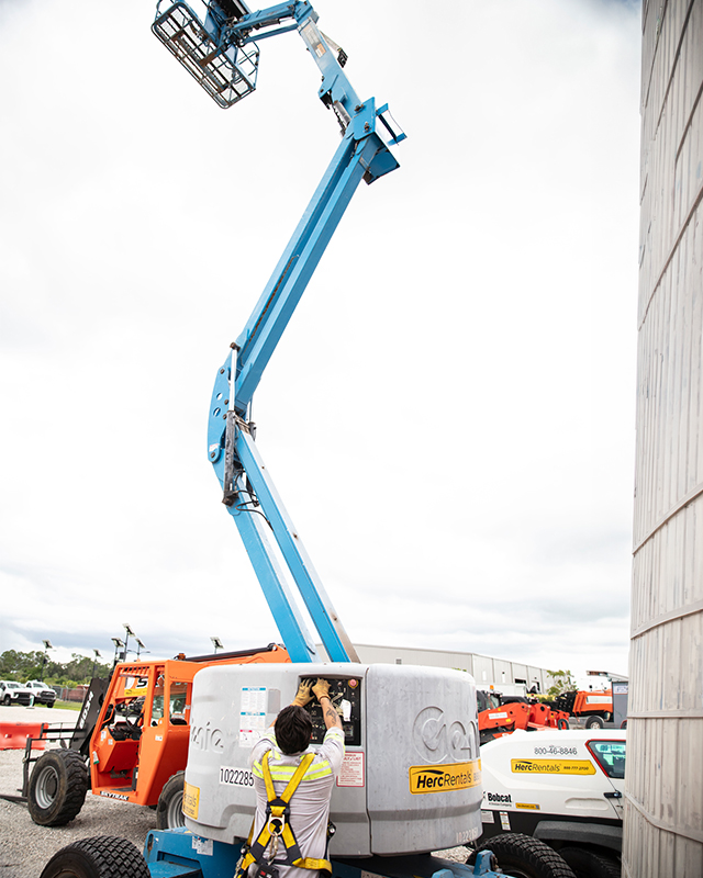Construction fall prevention is a must when working with aerial equipment. Things like guardrails on boom lift baskets help keep workers safe.