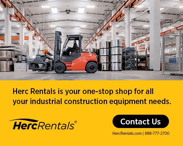 A forklift is shown in use inside a warehouse. Herc Rentals has the industrial construction equipment you need for your jobsite. Reach out at HercRentals.com. 