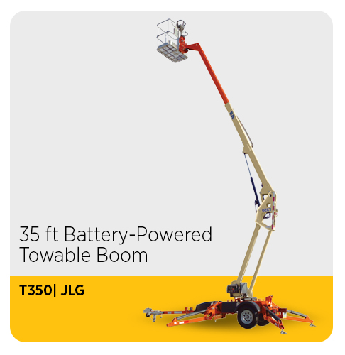 Towable boom lifts can be connected to vehicles for convenient transport to, from and around the jobsite.