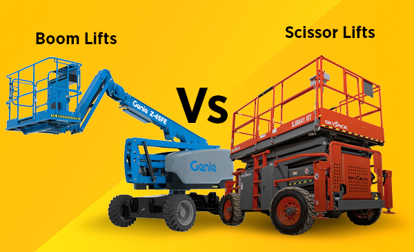 An infographic shows a boom lift vs. scissor lift on a yellow background.